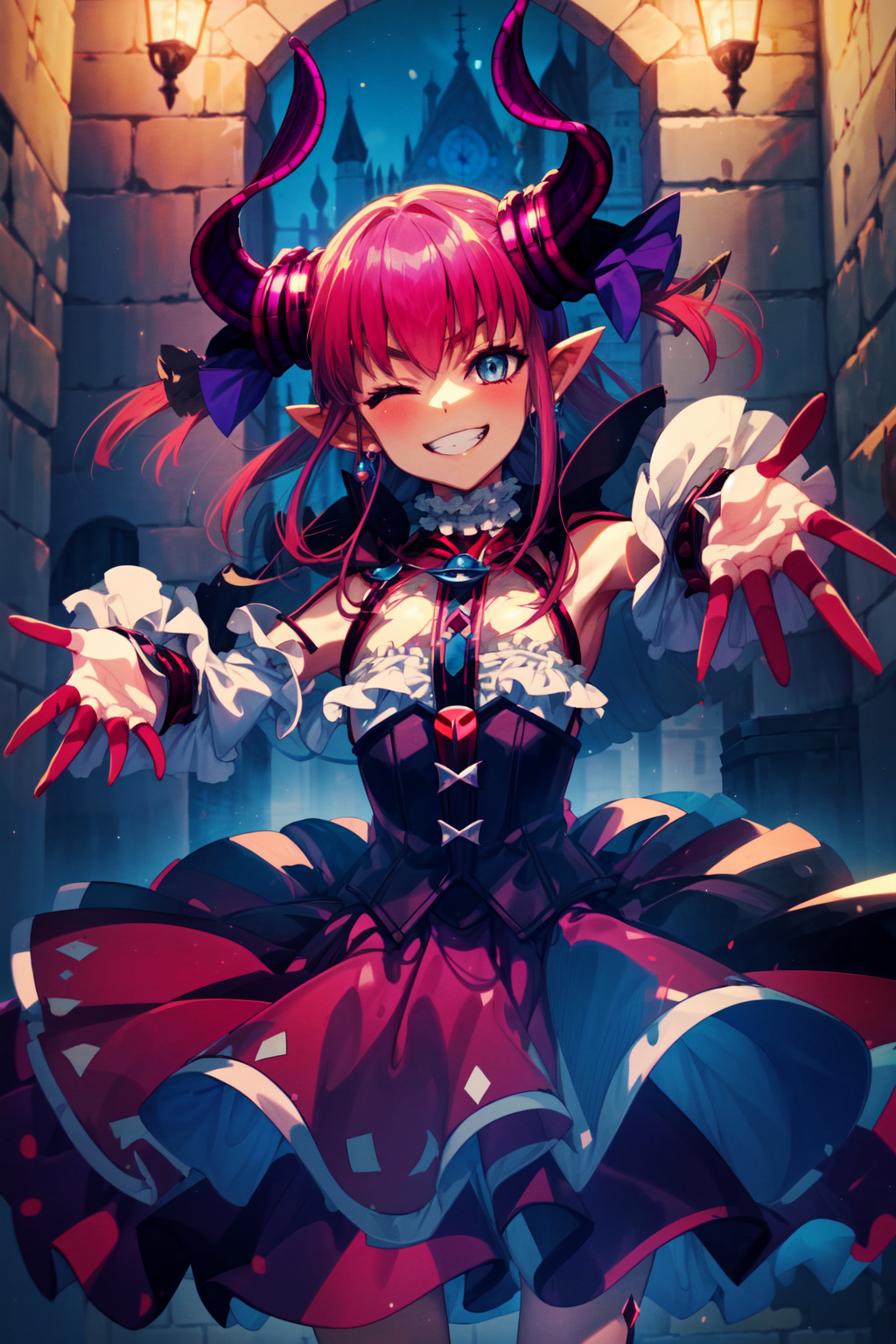 masterpiece,best quality,1girl,elizabeth bathory \(fate\),Lancer2nd,Ascension2Outfit,grin,one eye closed,outstretched arms...